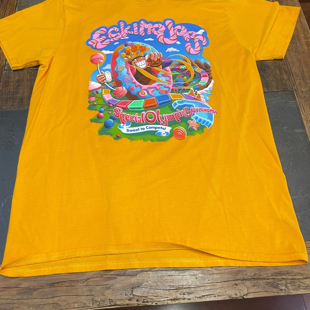 Gildan orange Yellow Short-Sleeve Tee with Colorful Candy land theme ekimo joes